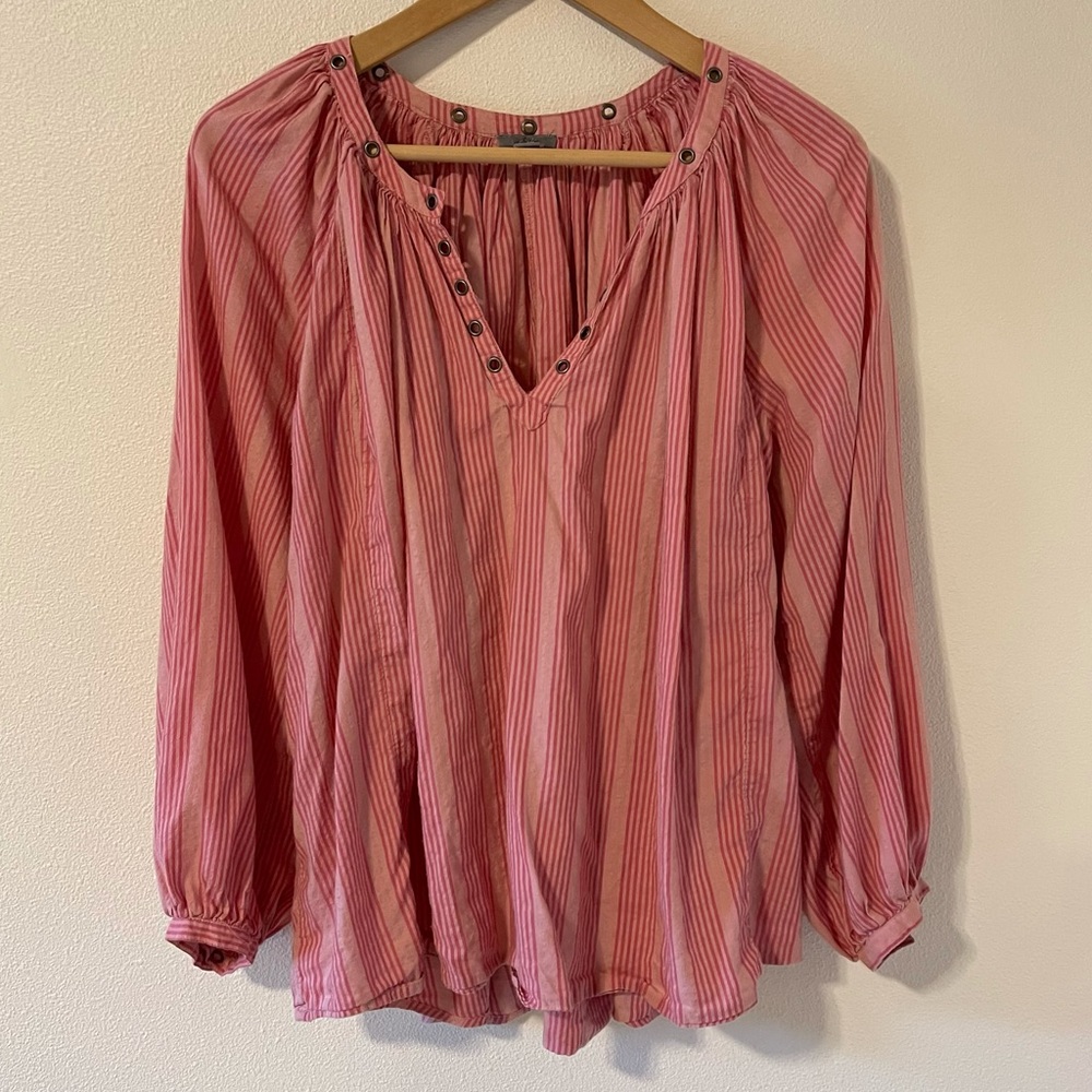 Aerie Boho Grommet Peasant Oversized Blouse Pink Stripes Modal Blend-Small